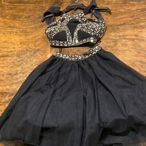 Blonde navy blue beaded dress 2 piece